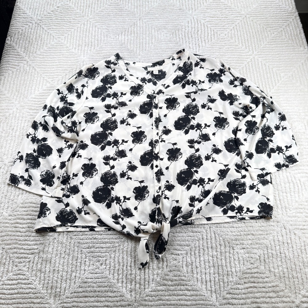 Emaline Woman Floral Tie Front Blouse Women's 24W White Black Button Down Top